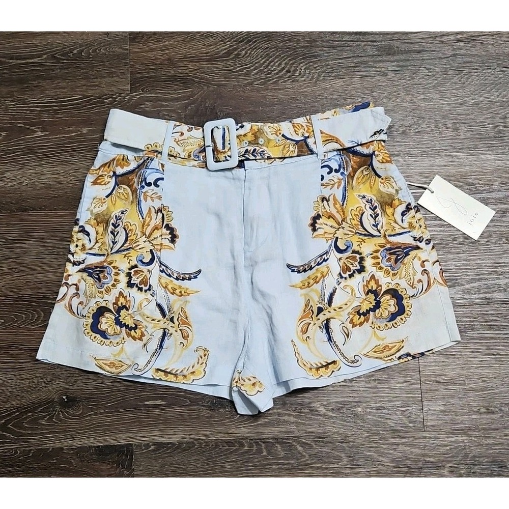 Joie‎ Women's 100% Linen Shorts Multicolor Floral  Pockets Belt Waist Size Large